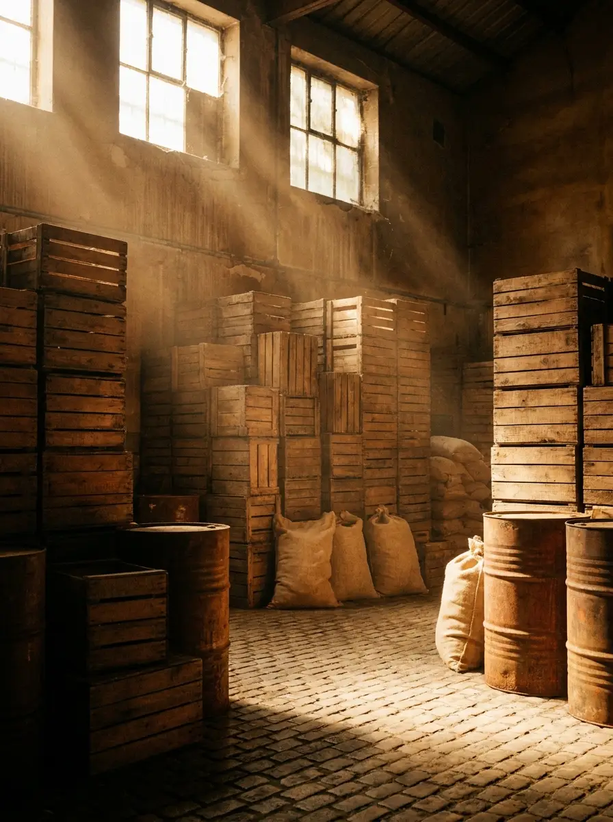 Wooden crates and drums stacked in a warm, sunlit import warehouse
